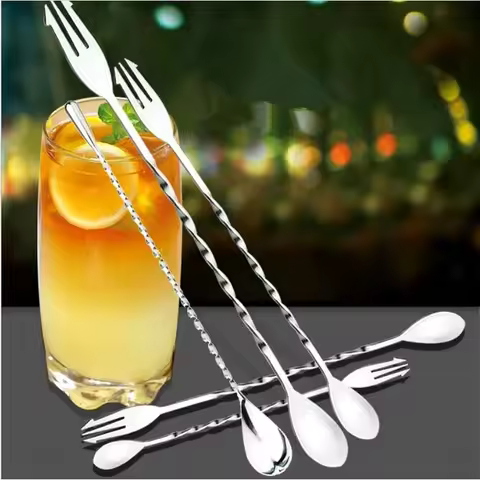 Stainless steel double headed long handled threaded spoon Cocktail mixing spoon Milk tea coffee mixi
