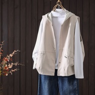 QIUESSII | Áo Gile Da Hooded Mới Thu 2025 Phong Cách Thường Ngày cho Nữ Áo Da PU Nút Đơn