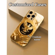 1pc Customizable Personalized Text With Luxury Gold Eagle Graphic Design Tempered Glass Phone Case, 