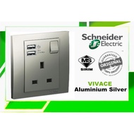 Schneider vivace switch Socket 13A c/w USB X 2 - A Silver