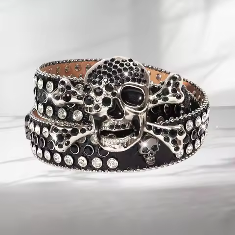Western Skull Rhinestone Alloy Buckle Skull PU Leather Women Belt Punk Hiphop Emo Jeans Causal Pants
