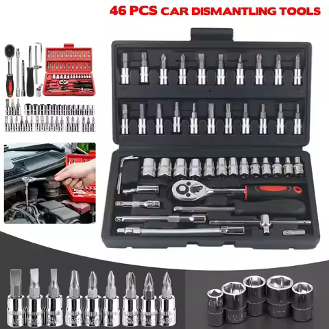 46pcs 1/4 Inch Drive Socket Set Ratchet Wrench Set Car Tool Kit, Bit Socket Wrench Set Metric Mechan
