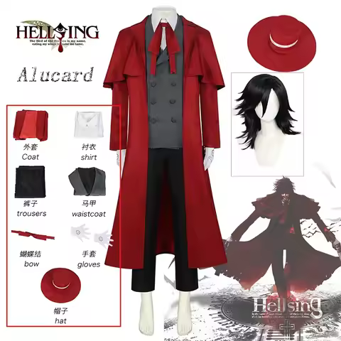 Anime Comic Hellsing Alucard Cosplay Costume Wig Red Trench Alucard Van Cosplay Vampire Hat Costume 