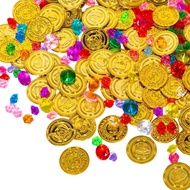 100 Pieces Gold Coins and 100 Pieces Gem Jewelry Fake Gold Coins for Pirate Treasure Party Decor Hal