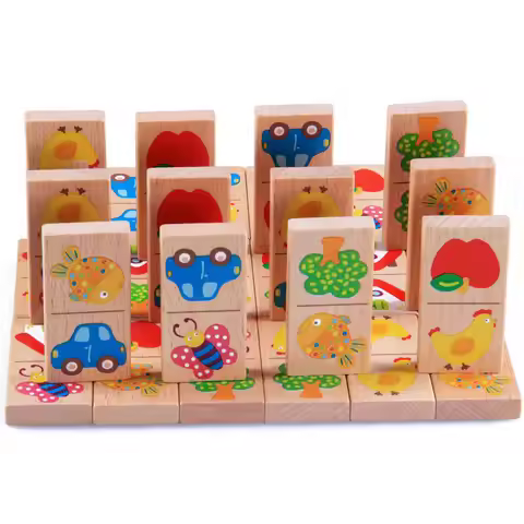 28pcs Baby Wooden Domino Block Toys Cartoon Garden Animal Vehicle Fruit Domino Blocks Toys Building 