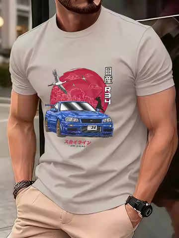Nippon Jdm Skyline Gtr R34 Prints Cotton T-Shirts Mens Summer Soft T Shirt Oversized O-Neck Short Sl