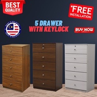 (Siap Pasang) Chest Drawer 5 Layer with Lock Laci Almari Baju Wardrobe 5 Tier Storage Cabinet Rak Ba