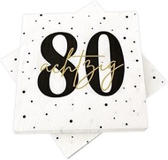 20 Napkins for 80th Birthday 33 x 33 cm White Black Gold