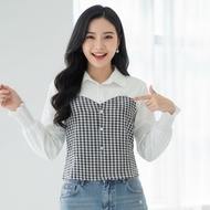 KATUN Mvshop 8053 Top Stylish Korean Fashion Checked Cotton Combination Blouse