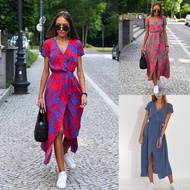 Printed Dress Summer V-Neck Split Mid-Length Group Women's Clothing 3.27