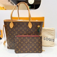 ：LV 路易威登 Neverfull 中號 經典老花 紅色內裡 單肩購物袋手提包（芯片款）