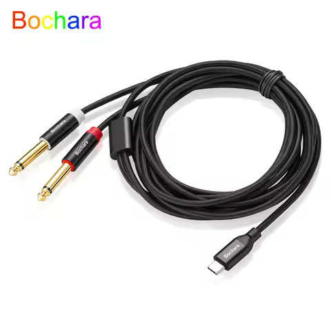 Bochara Braided Type C to 2*6.35mm Jack OFC Audio Output Cable Built-in Digital IC Chipset Foil+Brai
