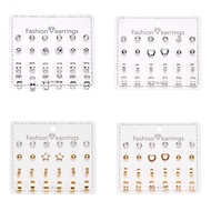 12Pairs/Set White K Hollow Heart Ring with Diamond Combination Card Ear Studs and Earrings Set for W