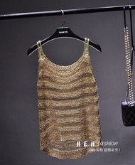 newฤดูร้อนใหม่ Gold Thread Bright Silk Hollow Camisole เงาบางเซ็กซี่ดูผ่าน Top Crop Tops ผู้หญิงnew