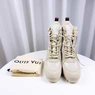 閒置新 路易威登/Louis Vuitton Loreate Jacquard Combat Boots 米色老花厚底軍靴馬丁靴 40碼