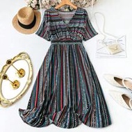 Plus Size Women Striped Vacation Boho Casual V-Neck Cinched Waist Mid-Length Dress Spring Outfits Fo