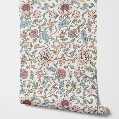 William Morris Evenlode Wallpaper Aqua on Charcoal, Pastel on Cream Wallpaper Peel and Stick For Roo