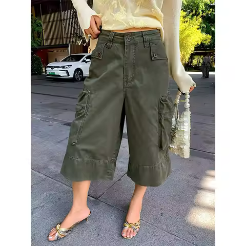 Women Summer American Vintage High Waist Green Cargo Denim Shorts Casual Loose Fit Y2K Streetwear Kn