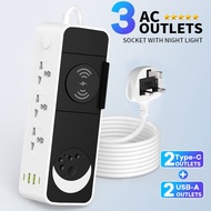 Power Strip With Wireless Charger & Moon LED Night Light, UK 3Pin Plug 3AC Universal Socket 2USB-A 2