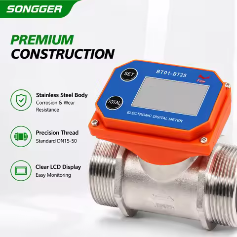 SUS-BT01 304 Stainless Steel Battery Digital Flow Meter Liquid Flow Sensor 5-1100L/min DN15-DN50 Wat