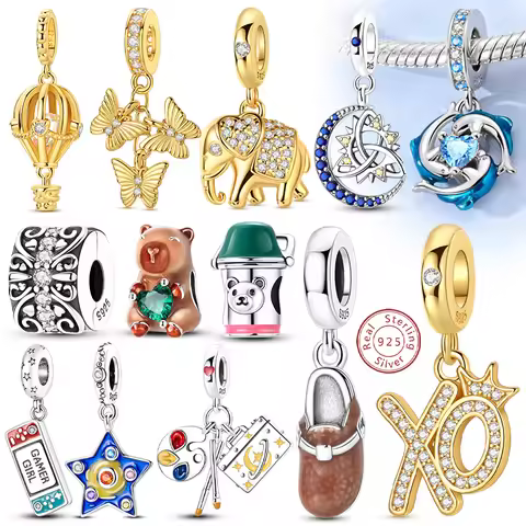 Original 925 Silver Charms Beads Pendent Dolphin Golden Elephant Butterfly XO Charm Fit Bracelet Ban