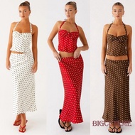 Women's 2-Piece Set: Polka Dot Halter Top & Zipped Long Skirt