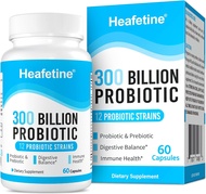 Heafetine 300 Billion CFUs Probiotic, Probiotics for Women Men - 12 Probiotics Strains + 3 Organic Prebiotics, Probiotics for Digestive Health &amp; Immune, Gut Health Bloating, Shelf Stable Probiotic - 60 Capsules