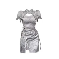 [kenzero &amp; Kiki Designer] Niche Design Silver Gray Asian Culture Embroidered Cheongsam Dress