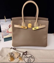 99新 Hermes Birkin 30 大象灰拼風衣灰 金扣 C刻