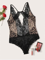 Body de encaje con estampado de leopardo transparente y sexy de talla grande lencería