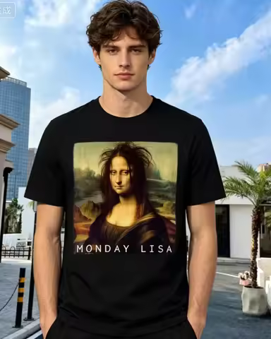 Monday Lisa Art Print T Shirt Black Mona Lisa Portrait with Text Monday Lisa for Casual Wear and Lov