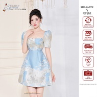 High-end designer dress in blue with luxurious brocade puff sleeves [Real photo] The Shilla-CG.F66C2