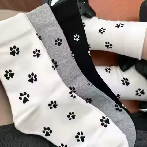 1-3pairs Women Cartoon Dog Paw Socks Cute Ins Mid Tube Sock Spring and Autumn Pure Cotton Cute Dog P