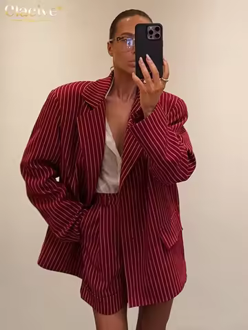 Clacive Fashion Loose Stripe Print 2 Pieces Set Woman Elegant Long Sleeve Blazer With High Waist Sho