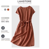 LAHSTORE linen straight dress with round neck, mussel sleeves, drawstring waist, youthful DS09 (Cam 