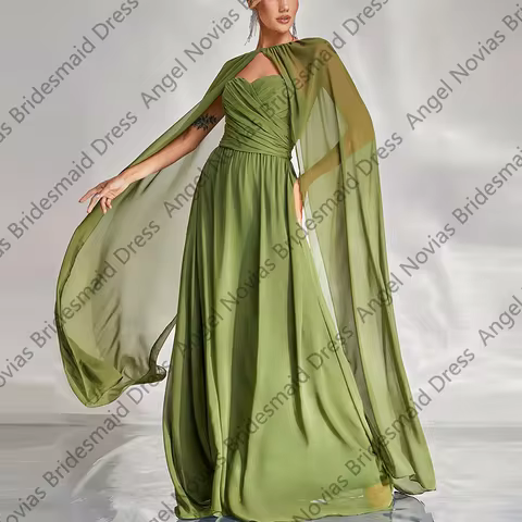 Customized Long Sage Green Chiffon Bridesmaid Dresses with Cape Wedding Party Maid Of Honor Dress ro