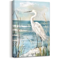 AWPANERAR White Heron Canvas Wall Art Coastal Bird Pictures Prints Blue Ocean Poster Beach Egret wit