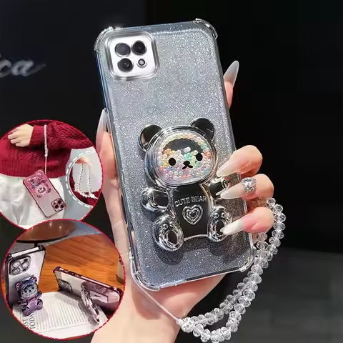 4 Corner Shockproof Phone Case with Cute 3D Bear Stand Crystal Chain Lanyard Glitter For Oppo A73 A 