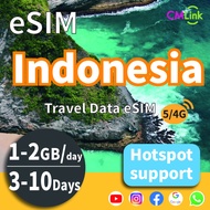 Indonesia Travel Data eSIM Card with Unlimited (3-10Days 1GB/2GB Daily High-Speed Data+Hotspot+Top-U