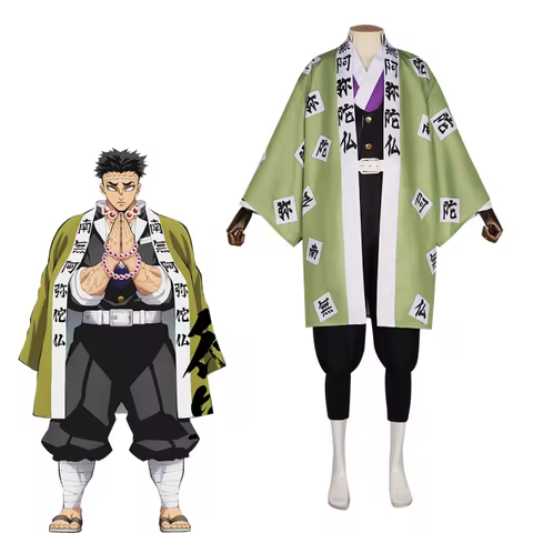 Anime Gyomei Himejima Cosplay Costume Green Uniform Necklace Bracelet Japanese Men's Kimono Hallowee