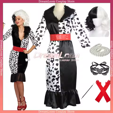 Women Cruella Cosplay Adult Cruella De Vil Dress Mask Necklace Dalmatian Costume Deville Dress Hallo