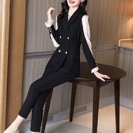 【M-4XL】2022 Spring and Autumn Plus Size New Women's Fashion Trend Blazer Set Ladies Office Professional OL Patchwork Long Sleeve Blazer Coat and Solid Pants Two-piece Set