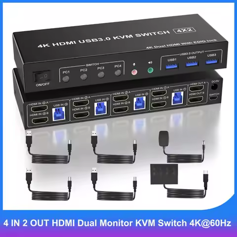4 IN 2 OUT HDMI Dual Monitor KVM Switch, Support EDID, 4K@60Hz HDMI KVM Switch with 3 USB3.0 ports f