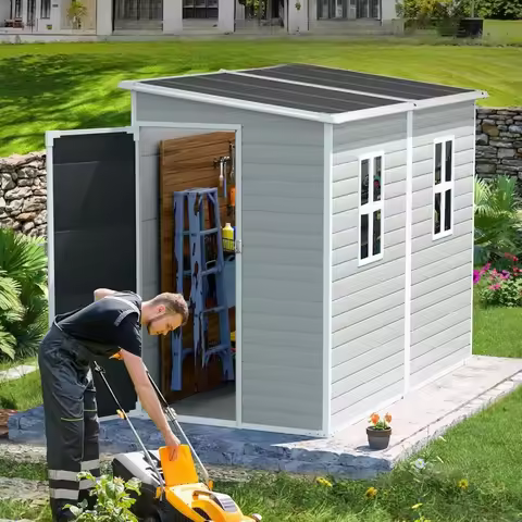 4x8 FT Resin Lean to Shed Waterproof Outdoor Storage Shed with Floor Lockable Door 2 Windows Vent Gr