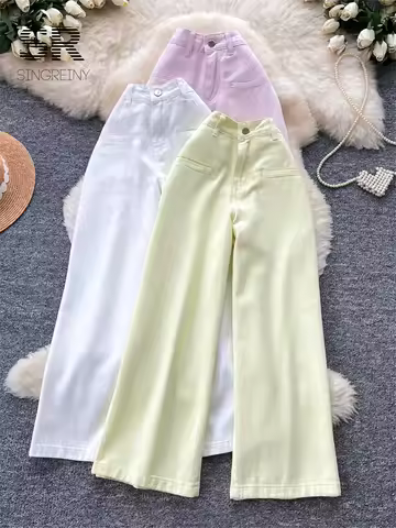 SINGREINY Chic Casual Capri Jeans Women Korean Style High Waisted Straight Slim Summer Office Lady F