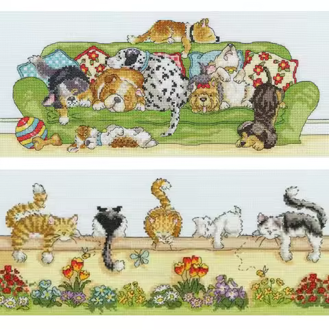 Counted Cross Stitch Kit, Bothy Threads, Eight Puppies Dogs Sleeping on the Sofa, Lazy Cat Kitty Sle