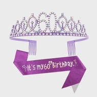 Rhinestone Birthday Tiara Crown Sash Set for Women Girls Sweet 13th 16th 18th 21st 30th 40th 50th 60
