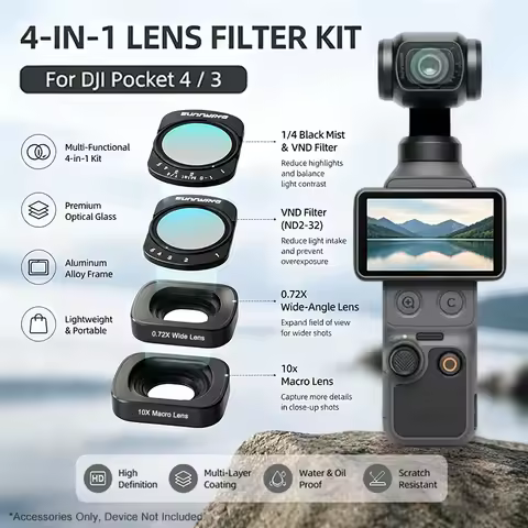 Sunnylife Lens Filter Kit for DJI Osmo Pocket 4 / Pocket 3, 1/4 Black Mist, ND2-ND32 VND Filter, Wid
