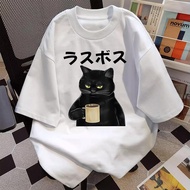 BOOM Korean Shirt American Vintage "CAT Coffee" Printed Pattern Cotton Fabric OVERSIZE Round Neck Su