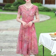 Summer Middle-Aged Elderly Women's Dress, Chiffon Party Mid-Length Dress